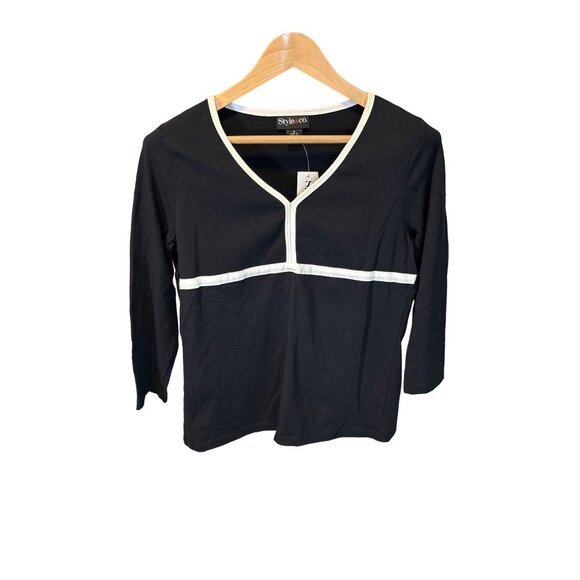 Style & Co. NWT Womens Black Long Sleeve Top White Trim Size M - Picture 1 of 7
